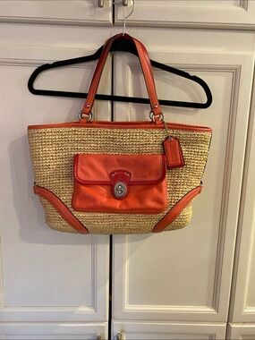 Coach Straw Tote with Orange Leather Trim